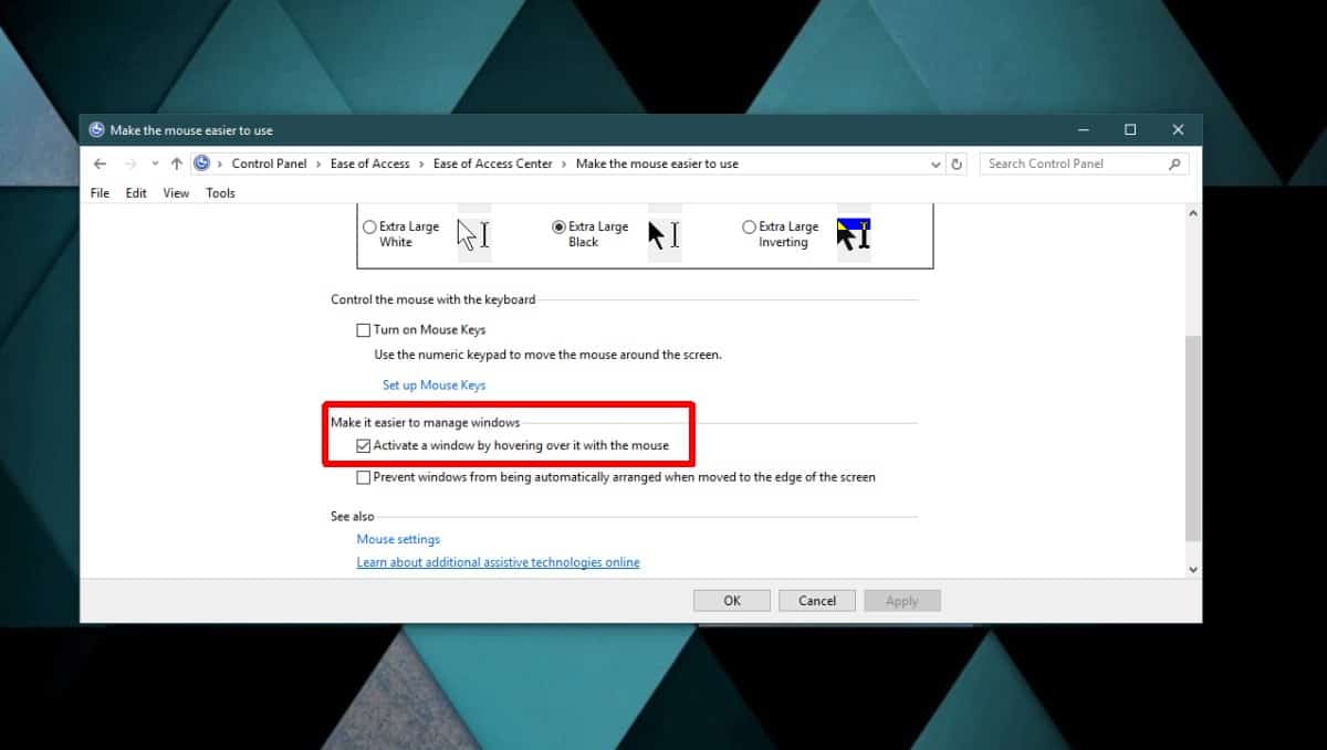 How to select a window on mouse hover on Windows 10