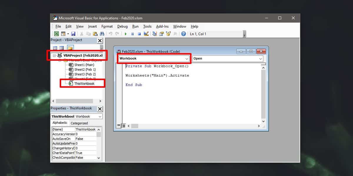 How to set a default sheet in Excel for Office 365