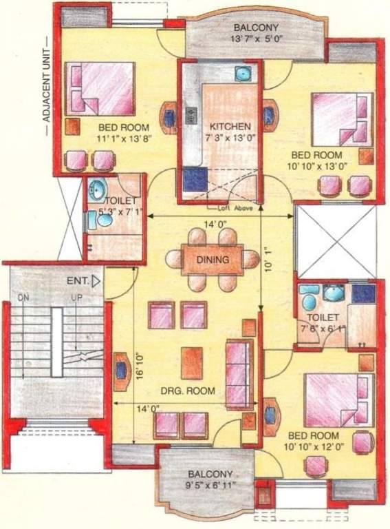 3 BHK+3T 1600/sqftsaleable sqft Apartment for Sale in Eldeco Green