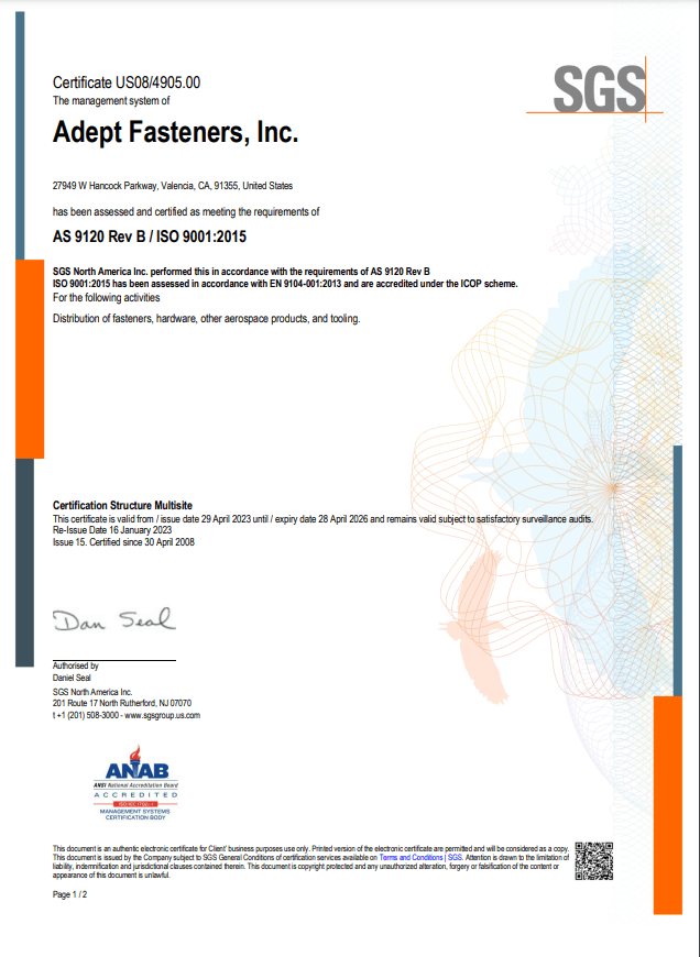 Quality Certificates Adept Fasteners
