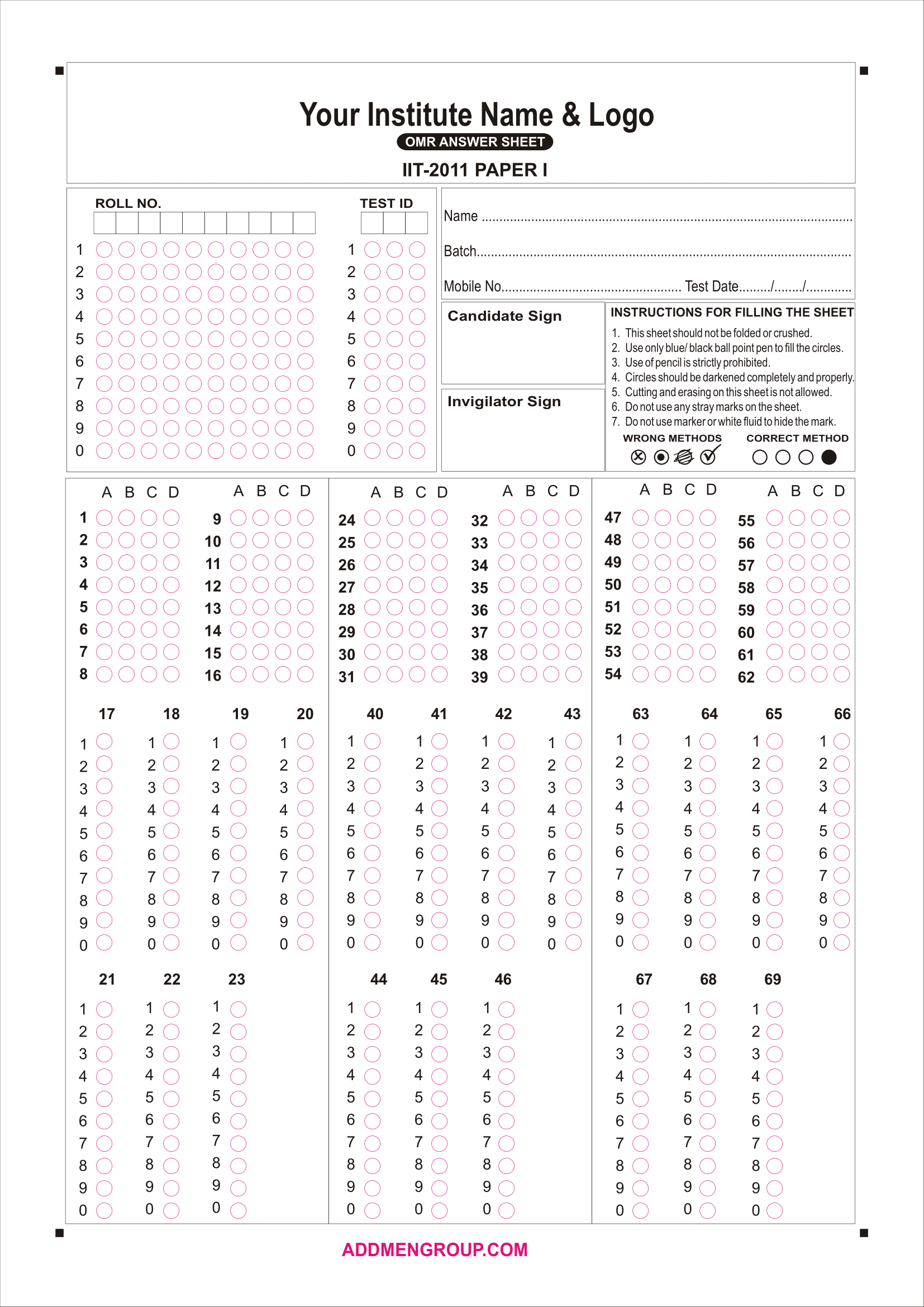 IIT JEE 2011 OMR Sheets for Practice