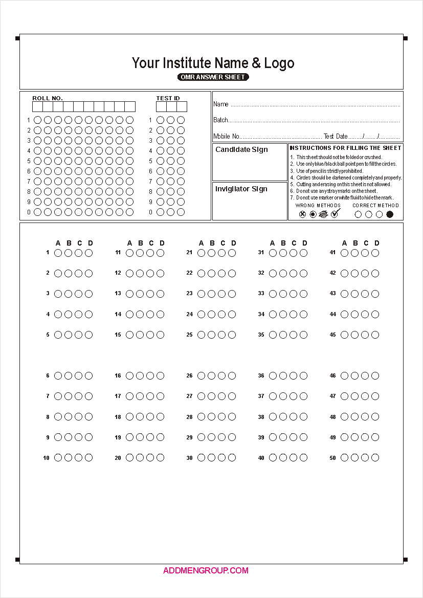 50 Question OMR Sheet Sample