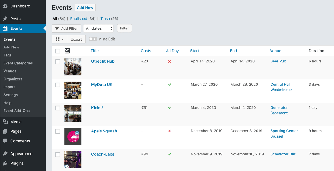 Example of a customized list table for events Admin Columns Pro