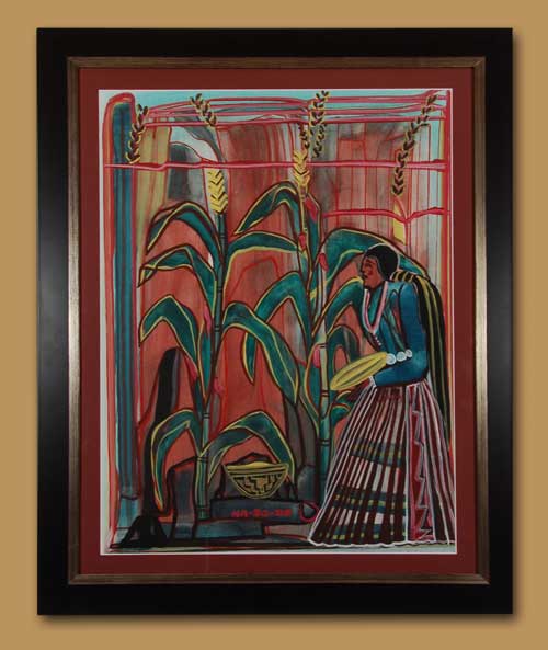 Diné (Navajo) Painting of Navajo Woman Collecting Corn Pollen by