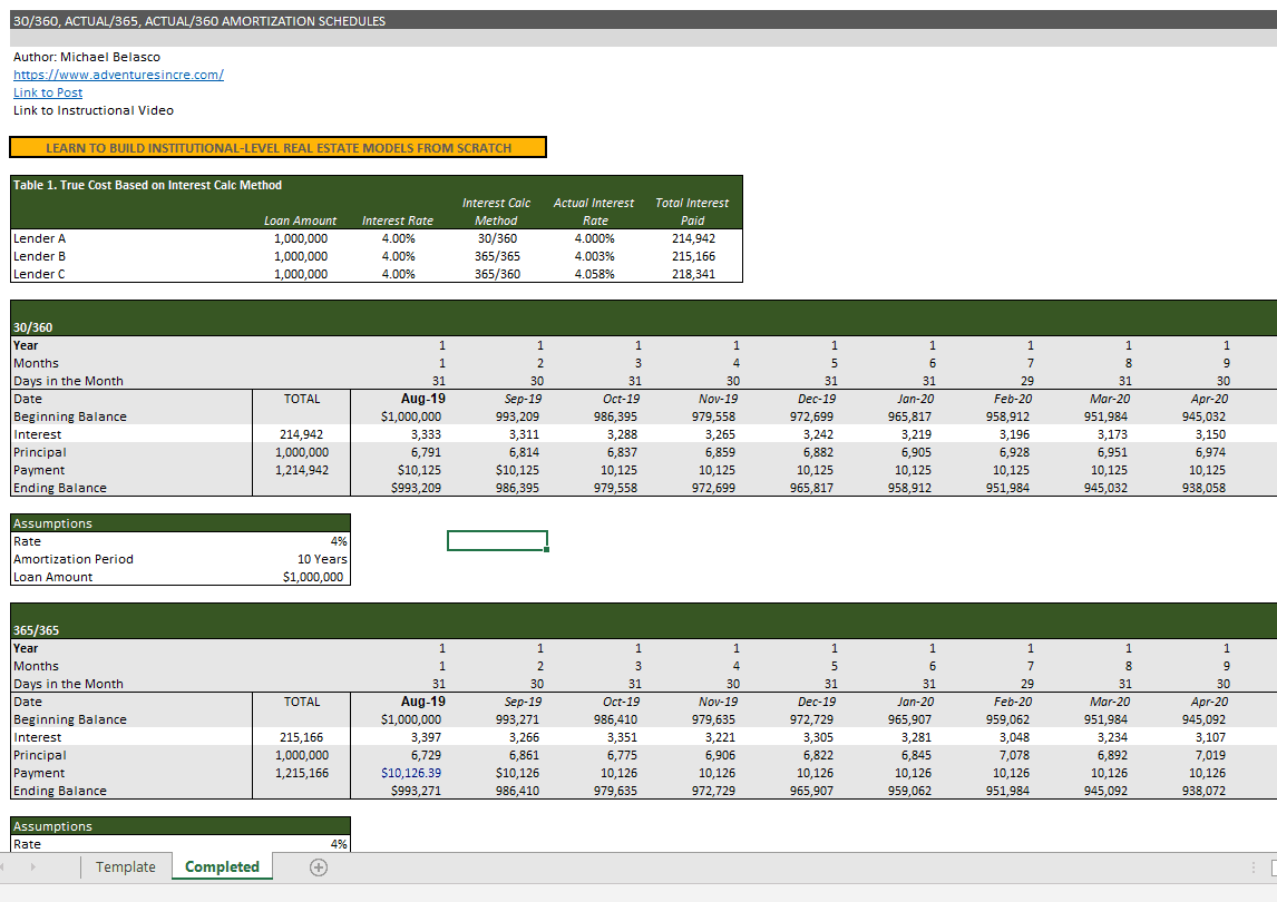 Watch Me Build 30/360, Actual/365, and Actual/360 Amortization Tables