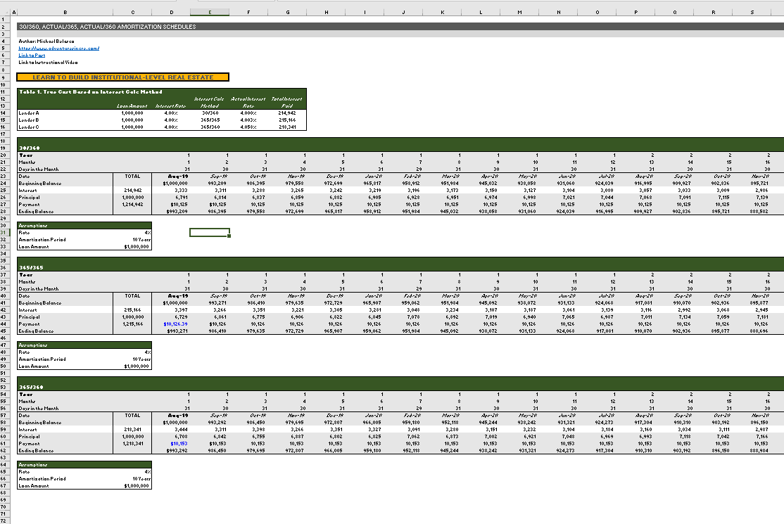 Watch Me Build 30/360, Actual/365, and Actual/360 Amortization Tables