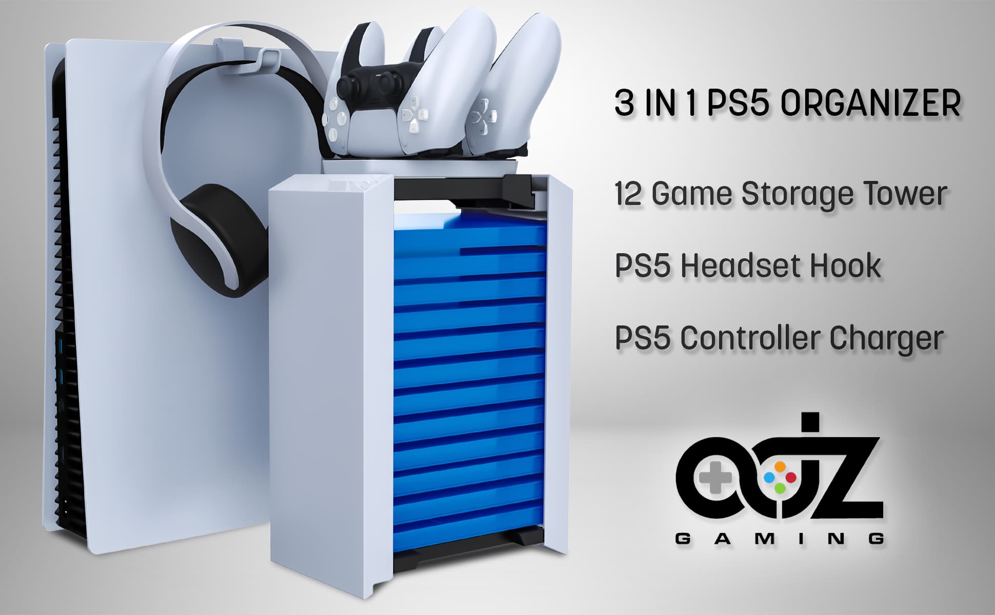 PS5 Video Game Organizer Game Storage Tower, PS5 Charger & Headset