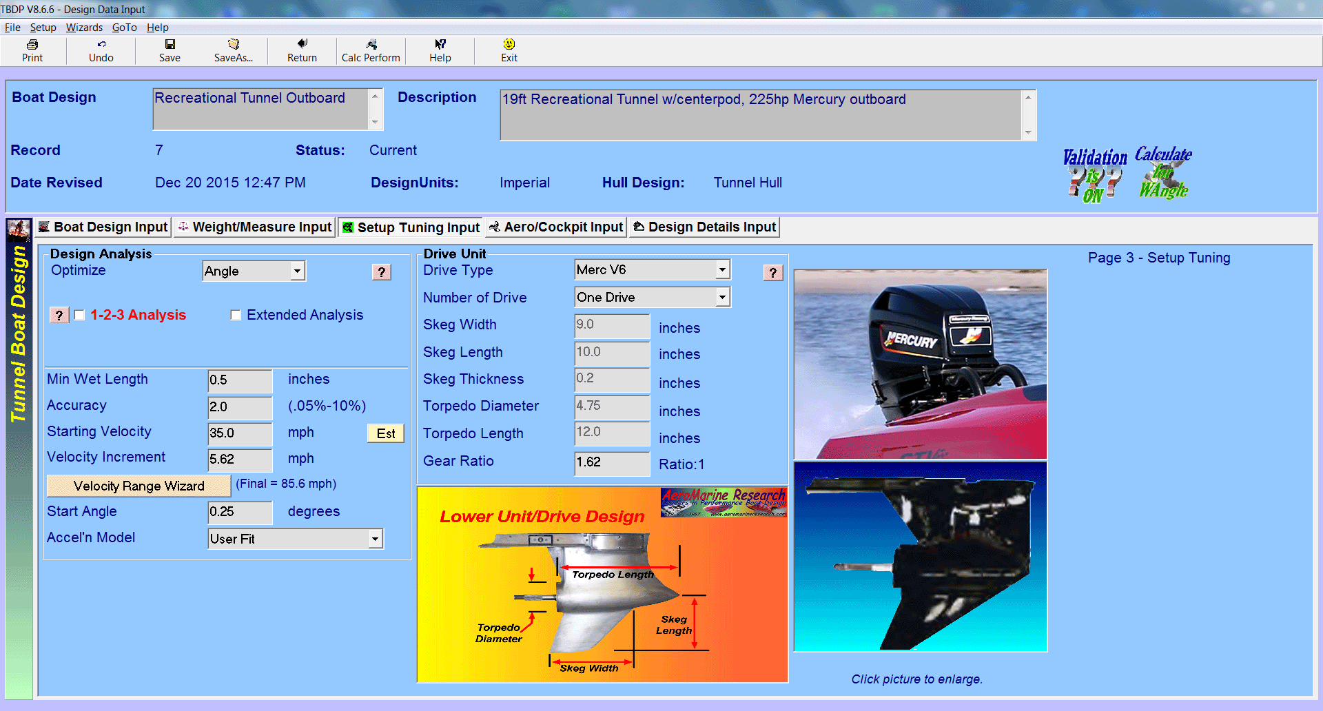 Tunnel Boat Design Software input screens