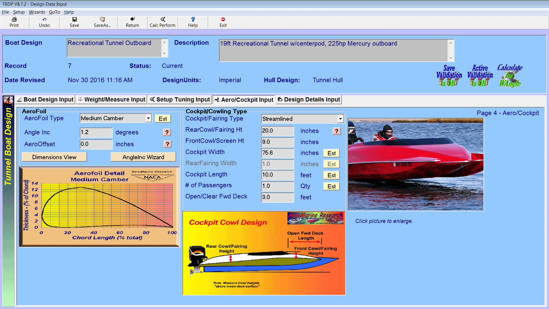Tunnel Boat Design Software input screens