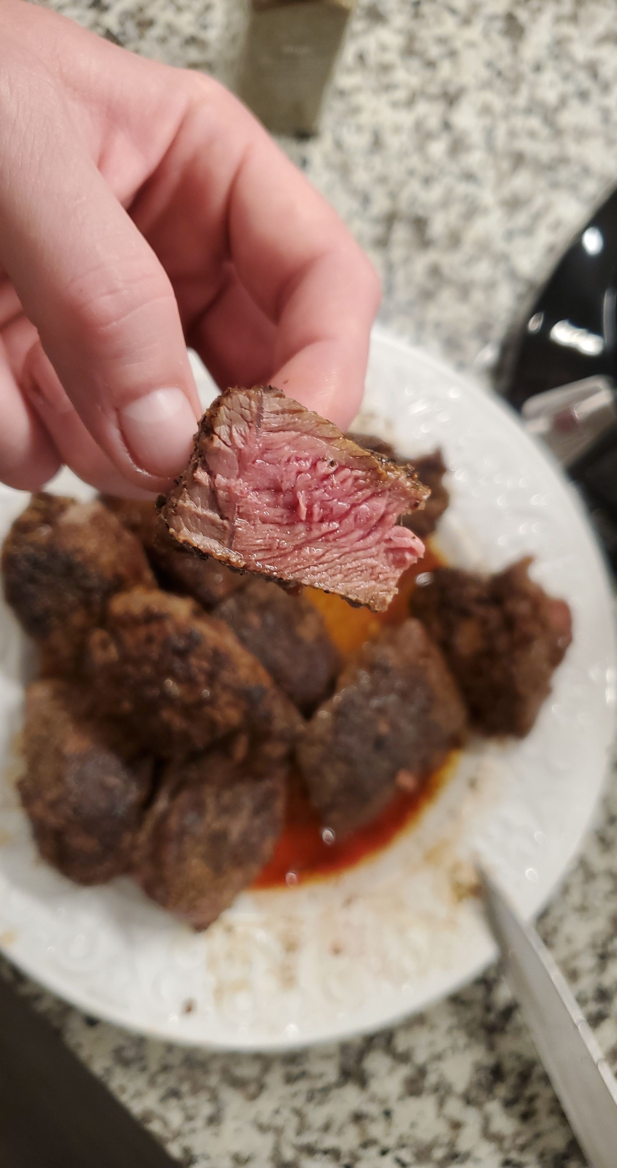 Venison steak, medium rare