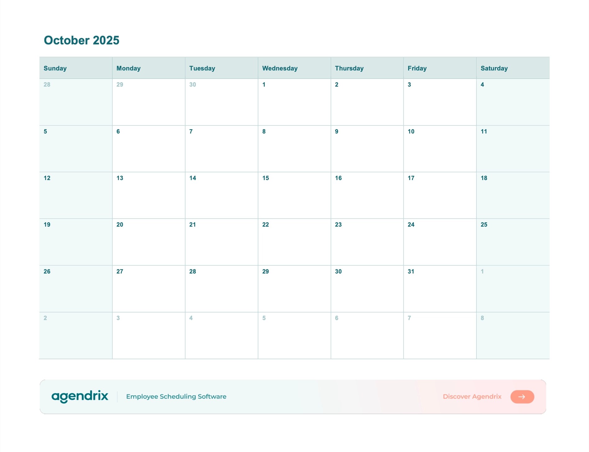 October 2025 Printable Calendar (Word, Excel, PDF) Agendrix October 2025 Printable Calendar (Word, Excel, PDF) Agendrix