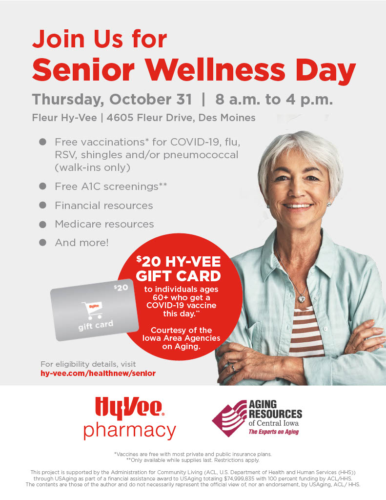 HyVee Senior Wellness Day on Thursday, October 31st at the Fleur Drive