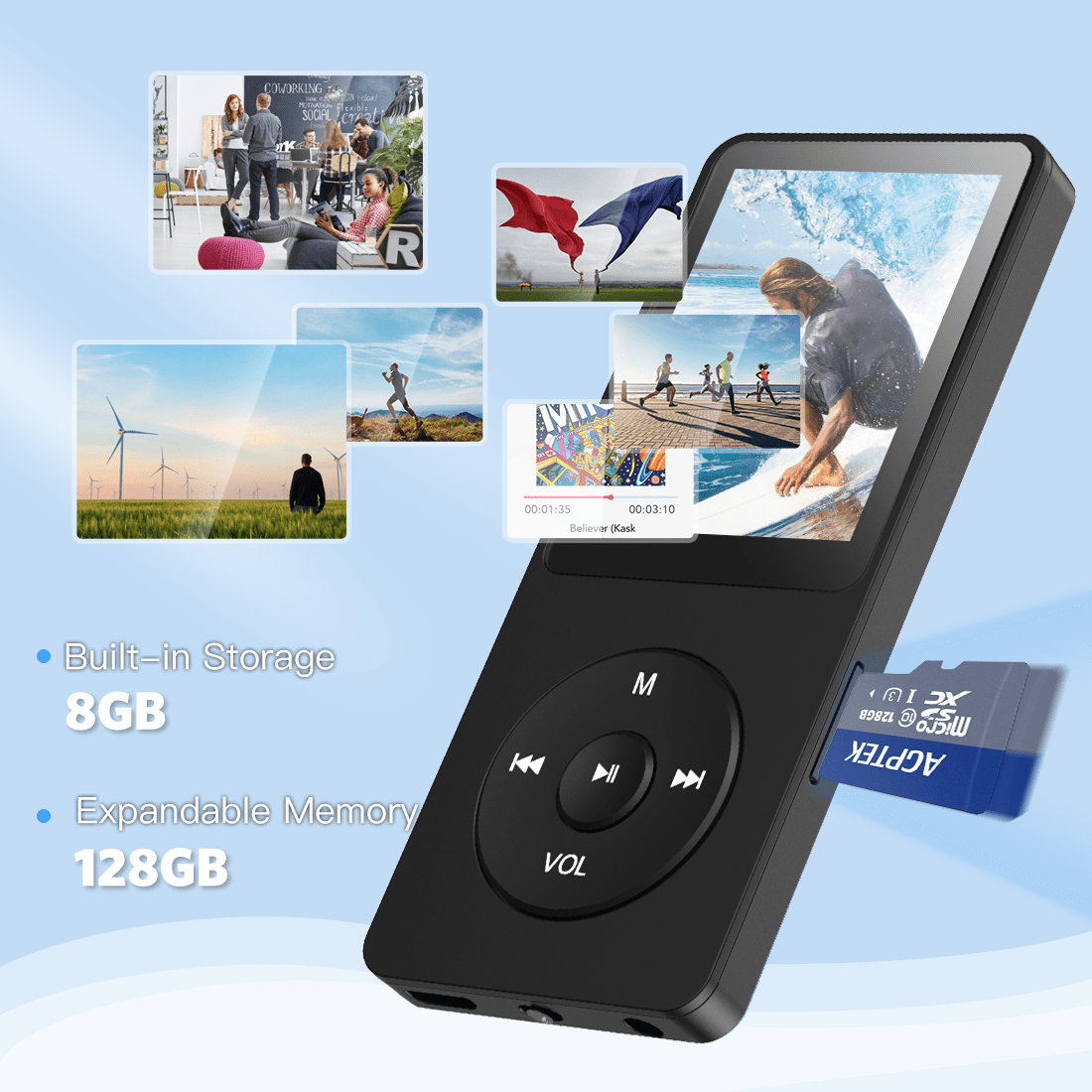 AGPTEK A02 8GB MP3 Player, 70 Hours Playback Lossless Sound Music Player,Supports up to 128GB