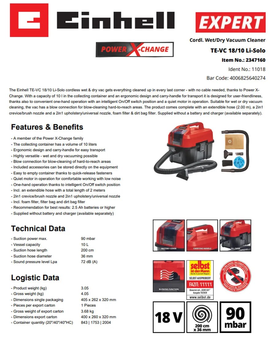 Einhell Power XChange 18V Cordless 10L Wet & Dry Vacuum Cleaner