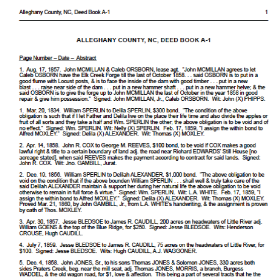 Alleghany County North Carolina Abstracts of Deed Books A1 and B