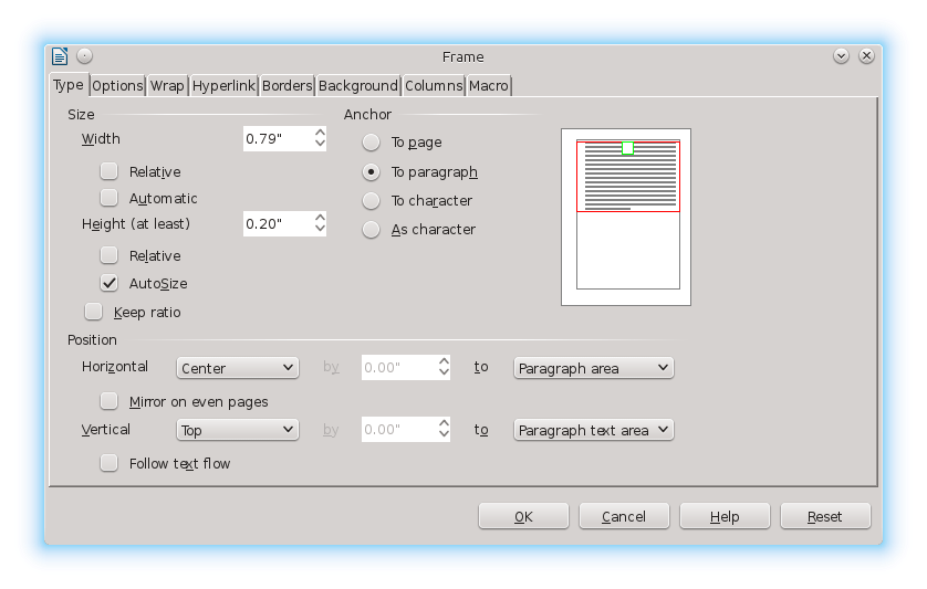 LibreOffice Writer Frames Introduction and the Type Tab Ahuka