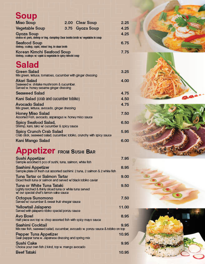 Akari Sushi and Japanese Food Tel 8454711773 / 8454718889 Fax