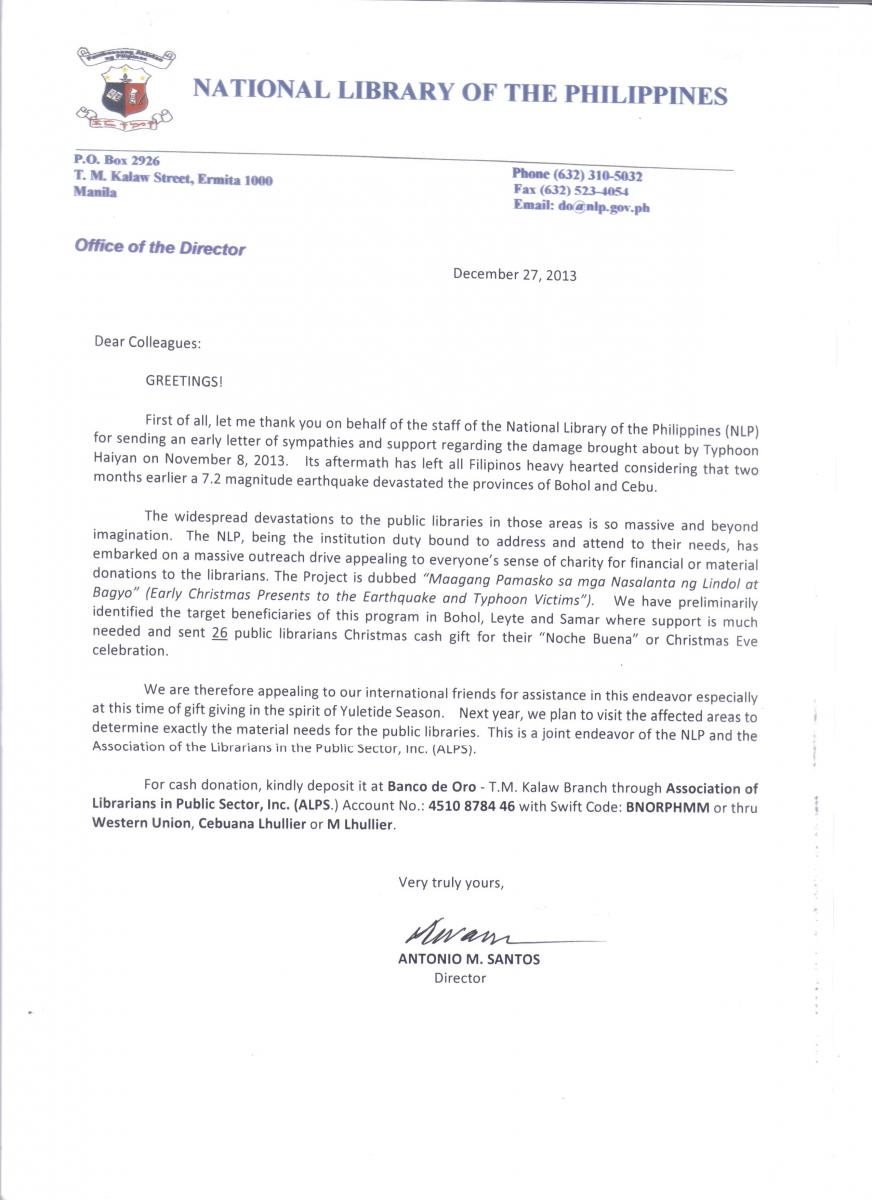 Write a great donation thank you letter for donations of money, time or clothes. Philippines Library Relief About Ala