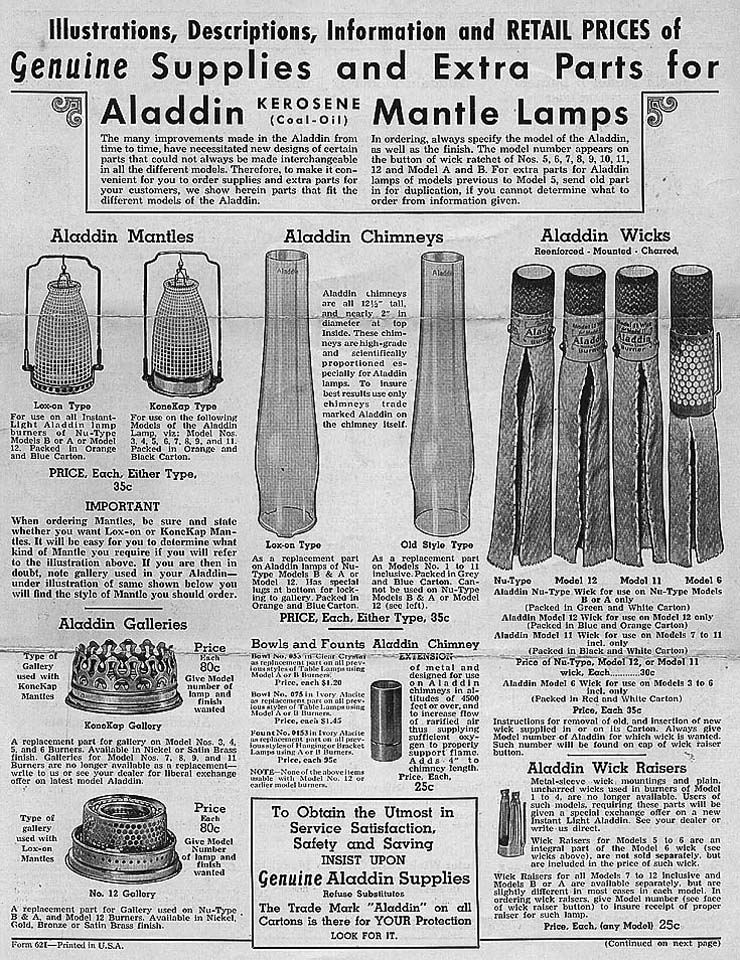 Aladdin lamp parts and prices from 1943 to 1944