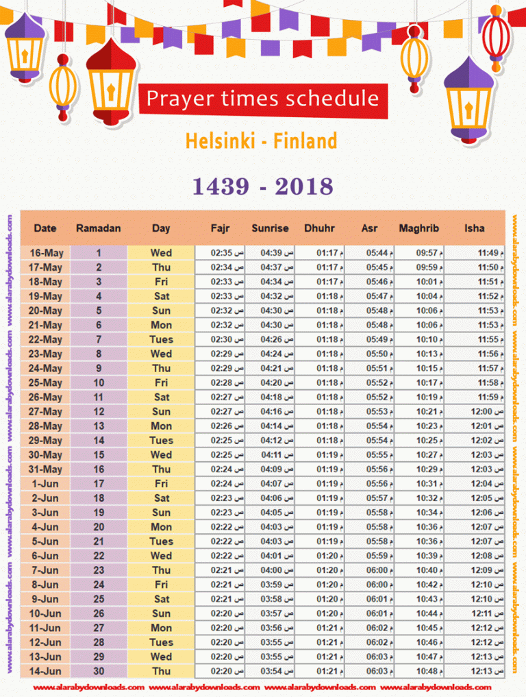 امساكية رمضان 2018 هلسنكي فنلندا تقويم 1439 Ramadan Imsakia