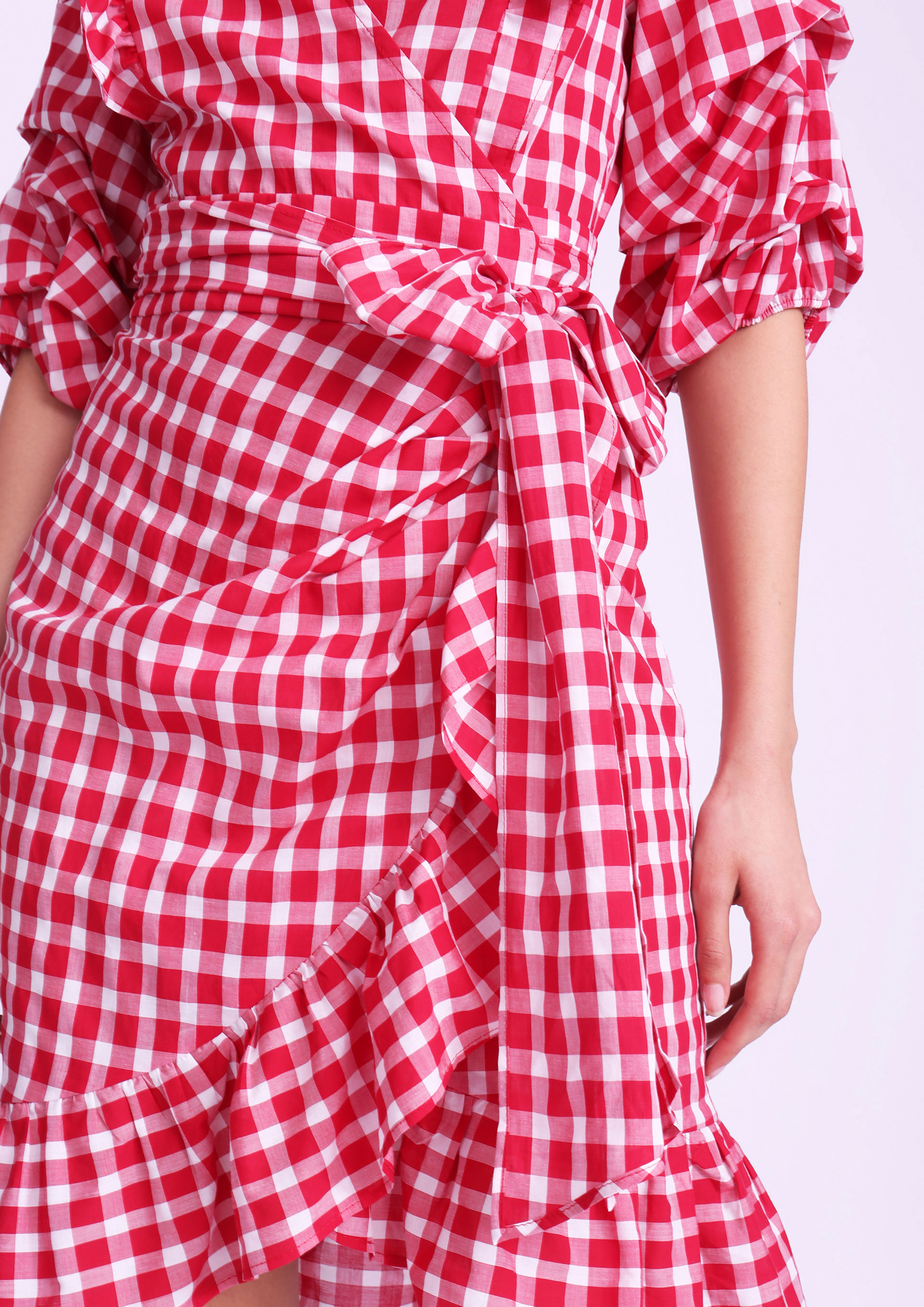 Red gingham wrap dress
