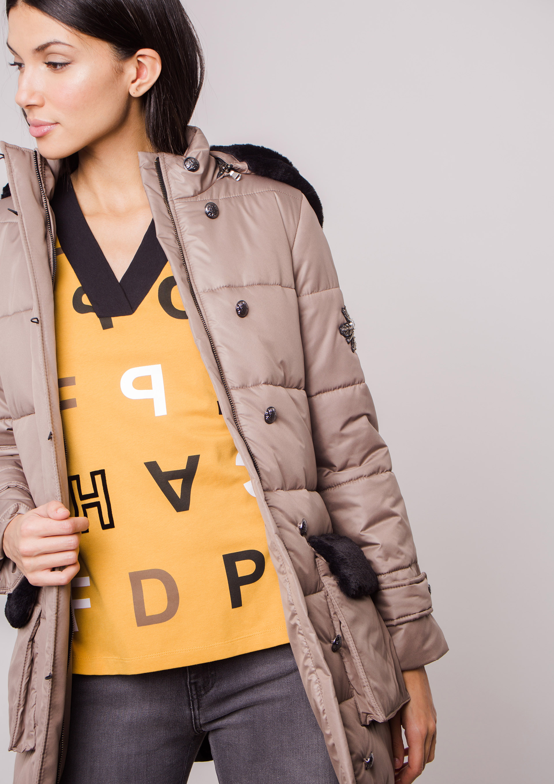Taupe parka.