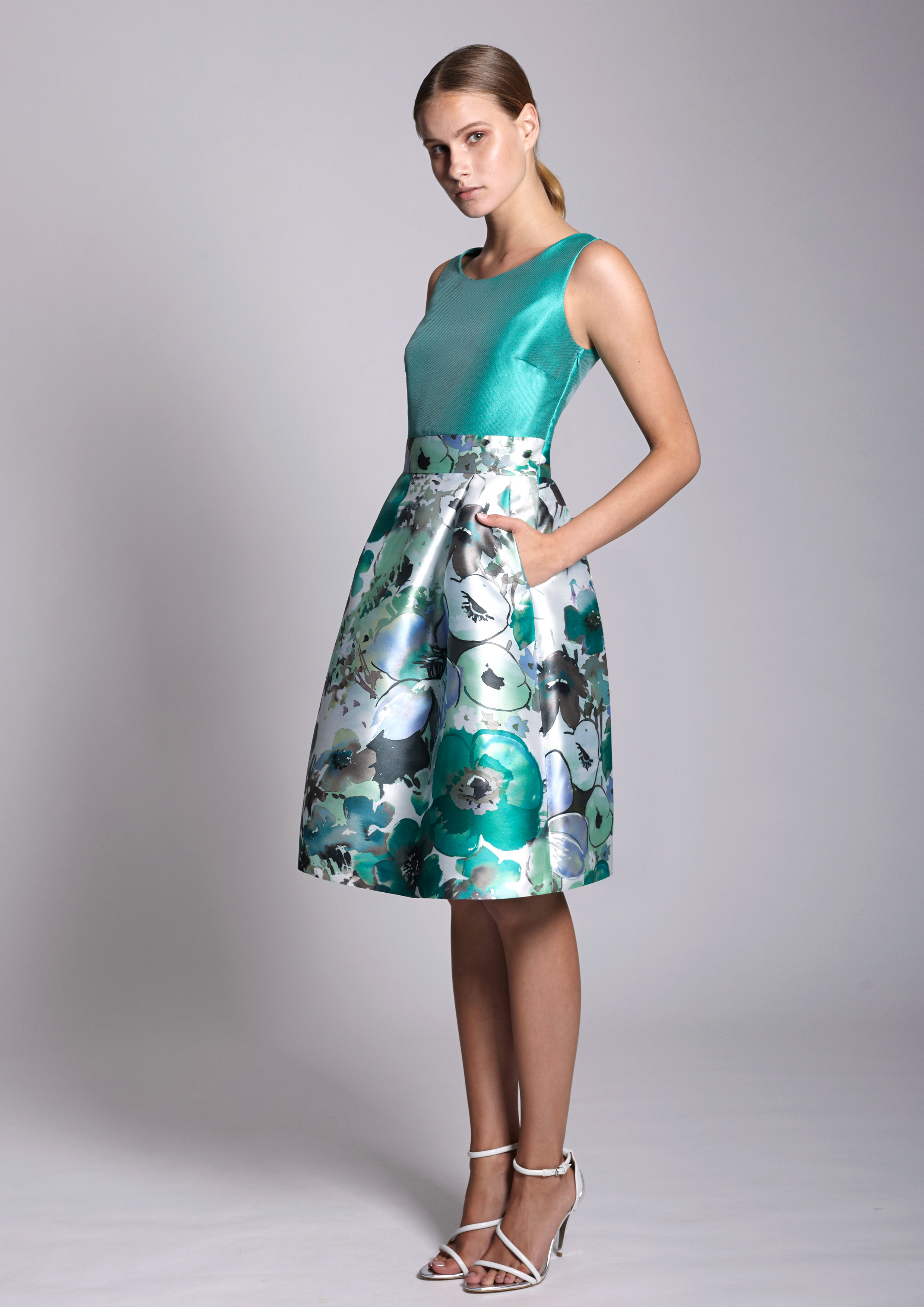Twotone floral print and aqua green dress