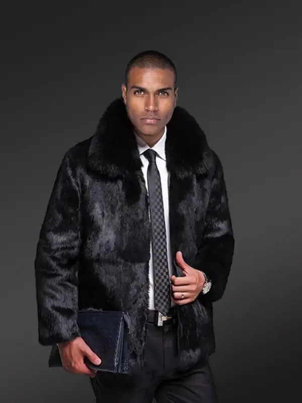 Authentic Rabbit Fur Coat with Fox Fur Collar in Black