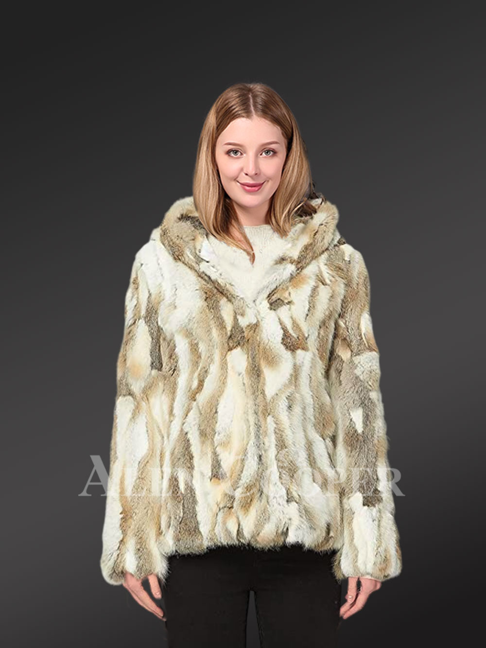 Women Rabbit Fur Jacket Hood in Bomber Style