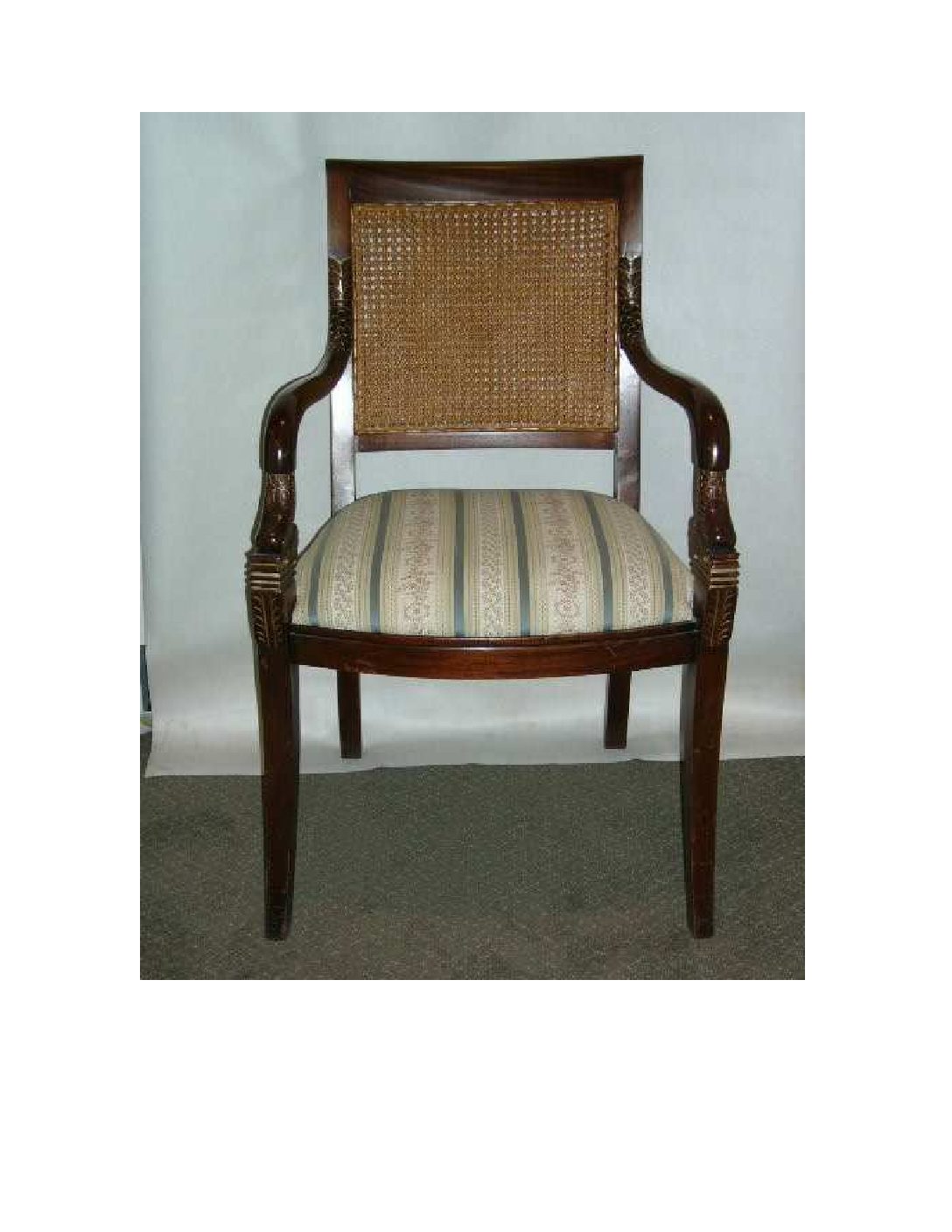 Cane Back Dolphin Chair with antique aqua stripe silk upholstery, 23