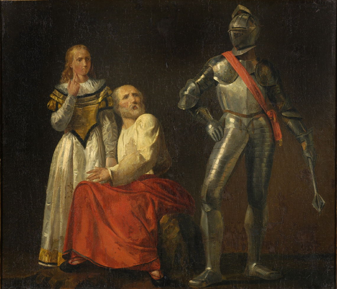 Homme en armure terrifiant une jeune fille et un vieillard