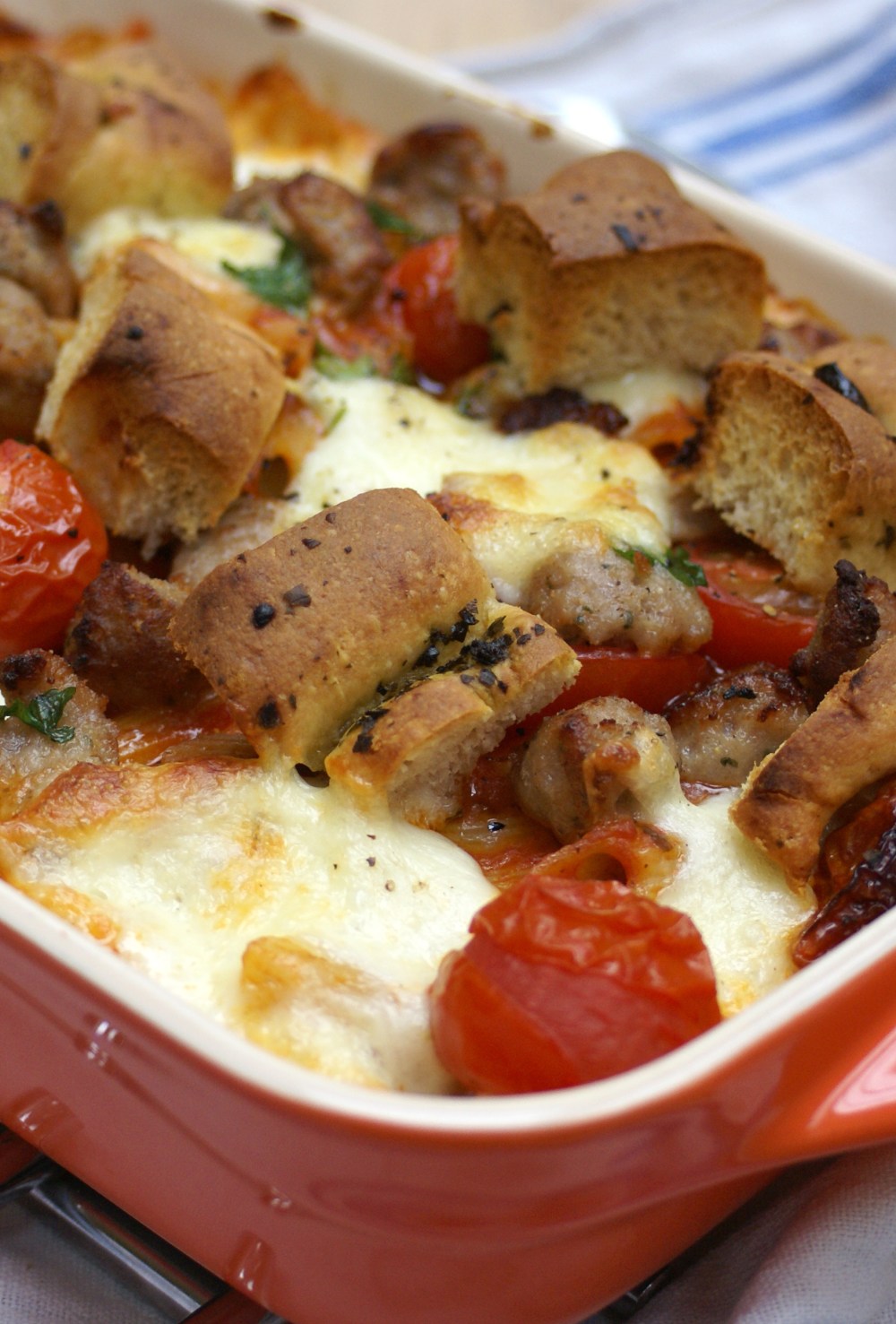 Baked sausage penne topped with focaccia croutons