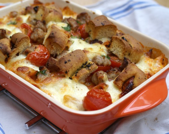 Baked sausage penne topped with focaccia croutons