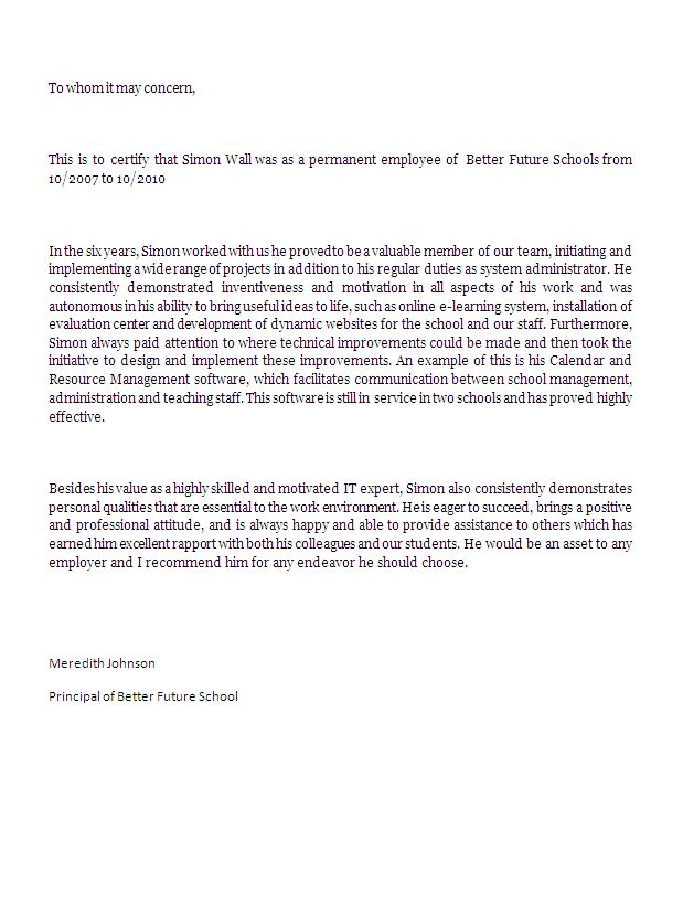 Reference Letter Sample for System Administrator • ALL DOCS