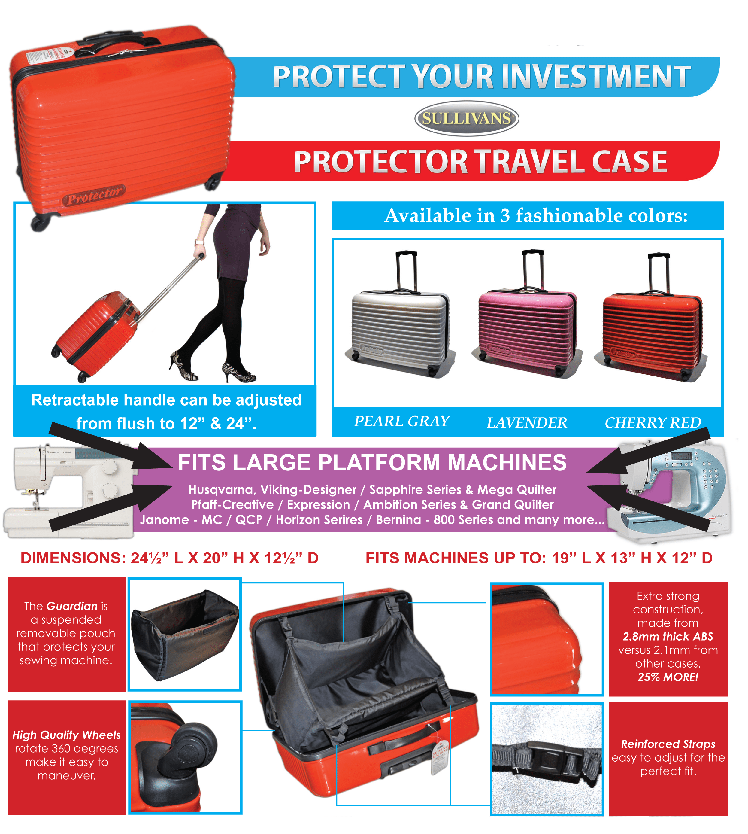 Sullivans Sewing Machine Travel Trolley Hard Case BLACK Large 24"x12.5