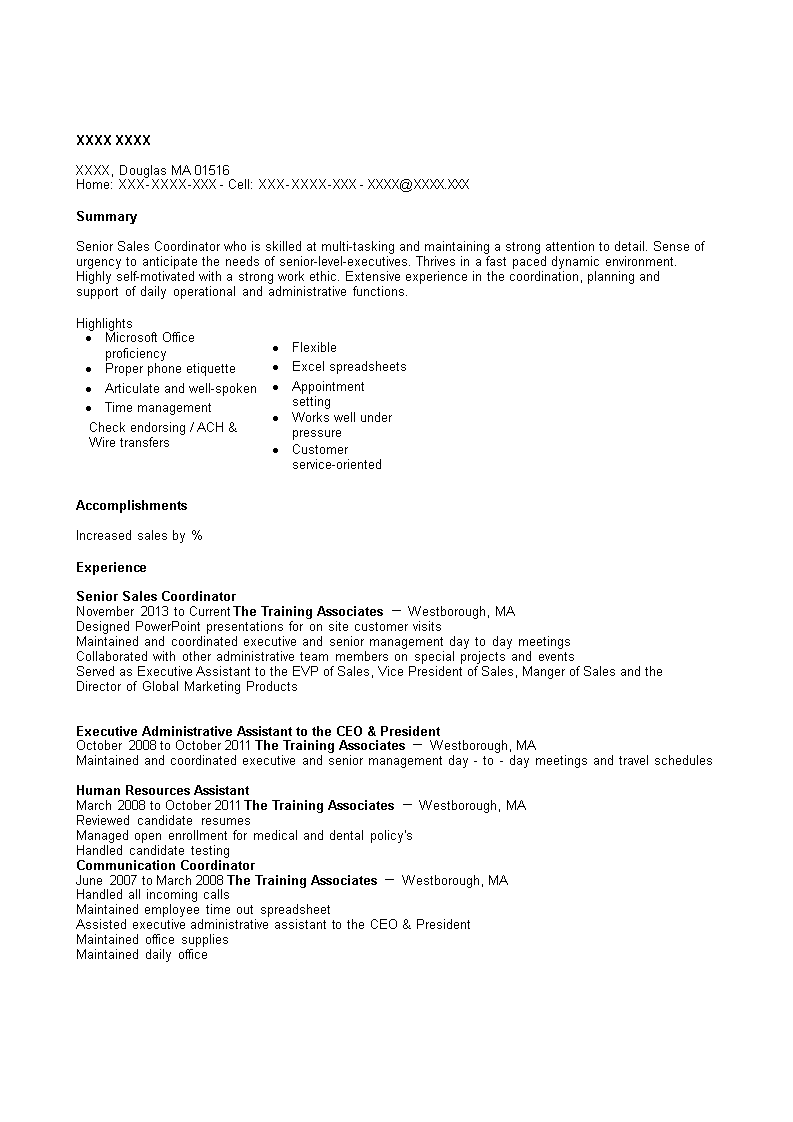 Senior Sales Coordinator Resume Templates at