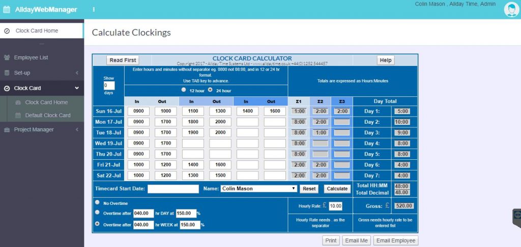 WebClockcard Allday Time Systems