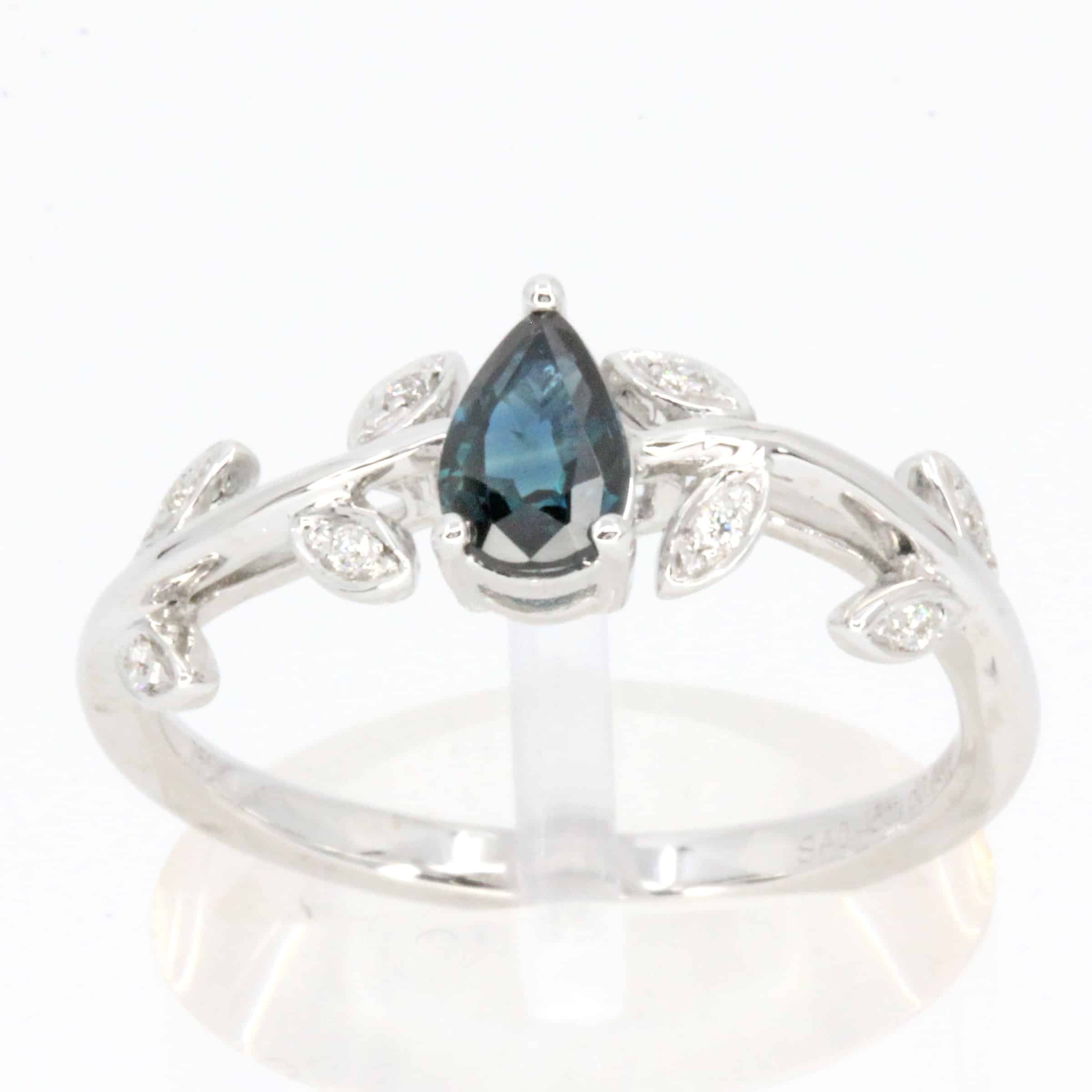 Sapphire Flower Stem Ring with Diamonds Set in 18ct White Gold All