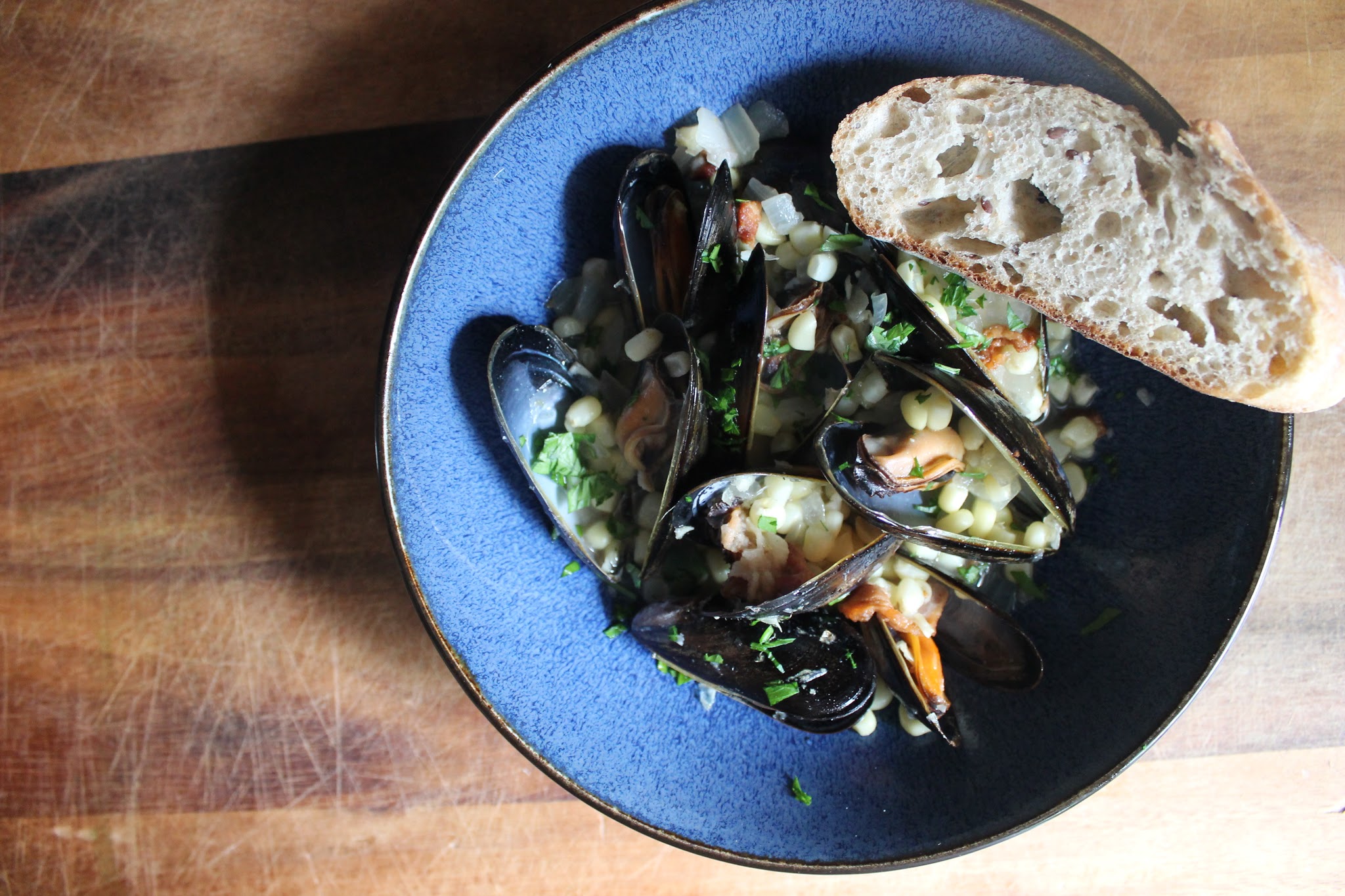 Steamed Mussels with Corn, Bacon and Beer