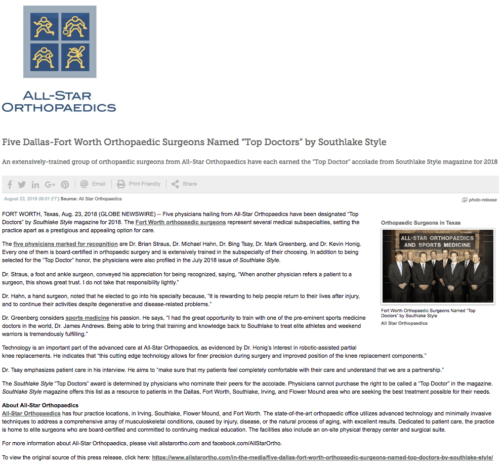 5 Dallas Fort Worth Orthopaedic Surgeons Named Top Doctor