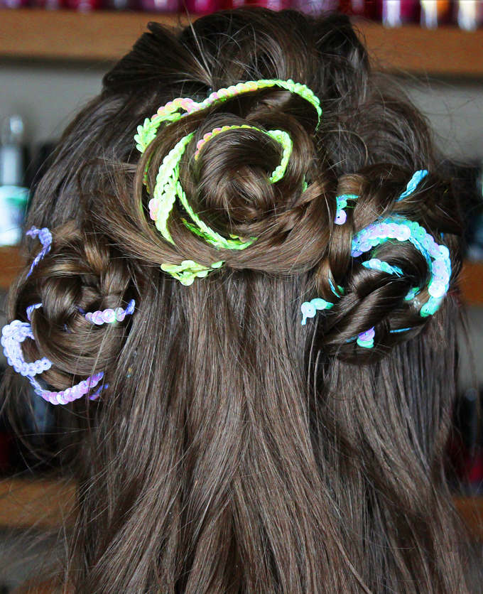 Love romantic, messy hair? Check out my review of the NuMe 32mm wand & my hair tutorial for this spring braided sequin ribbon rosette hairstyle! Perfect hair idea for kids too! Pretty & soft- & super easy to recreate! Check out more hair, makeup, & nail art posts on All Things Beautiful XO