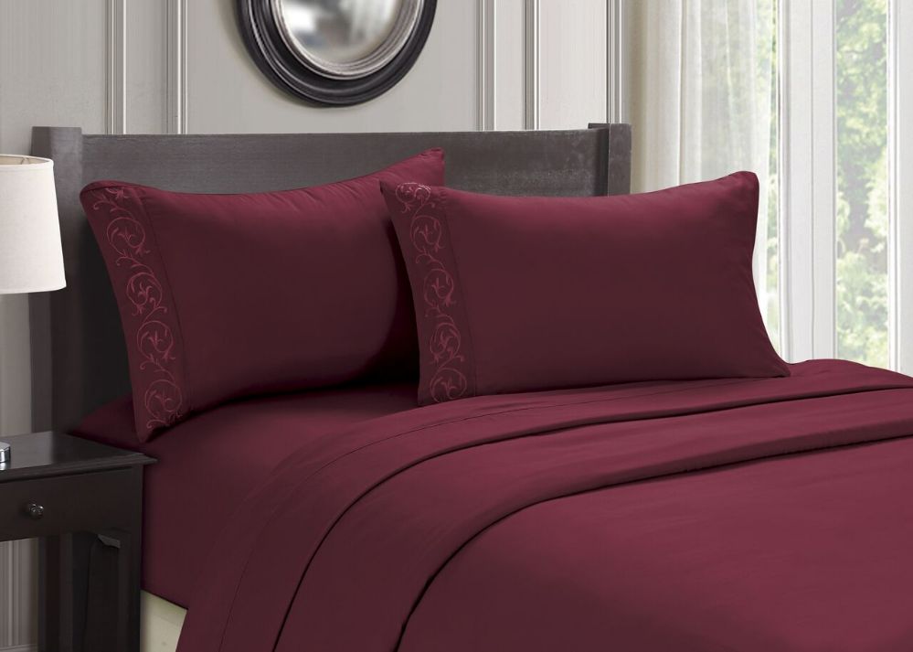 12 Units of Embroidery Cozy Home Sheet Set Full Size In Burgandy