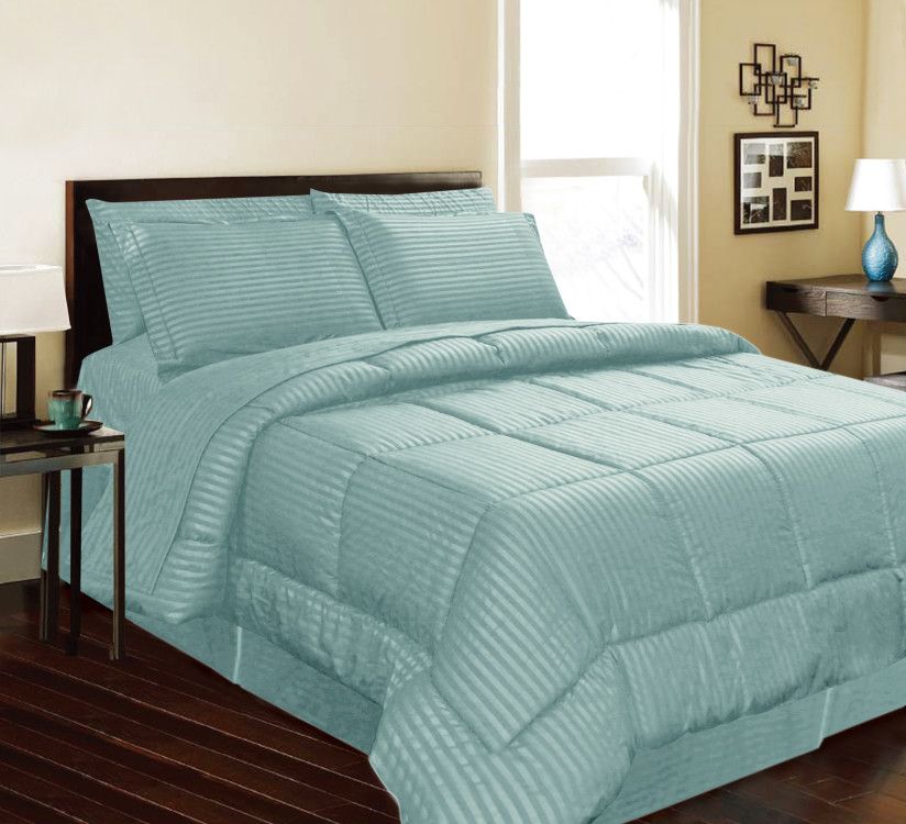 Bed Bath And Beyond Turquoise Bedding 6 Units of 1 Piece Queen Embossed Satin Stripe Reversible Comforter In