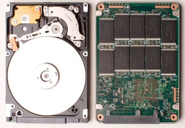 A side-by-side comparison of an HDD (left) and SSD (right). Image Credit: Juxova