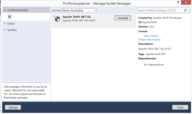 Apache Thrift Nuget Pacakge