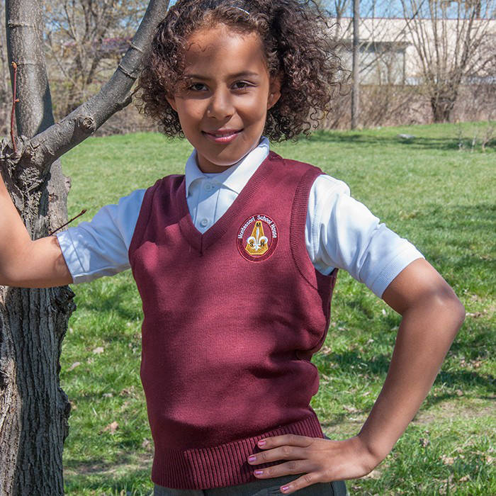 Burgundy knit vest is available exclusively through A.L.TOGS.