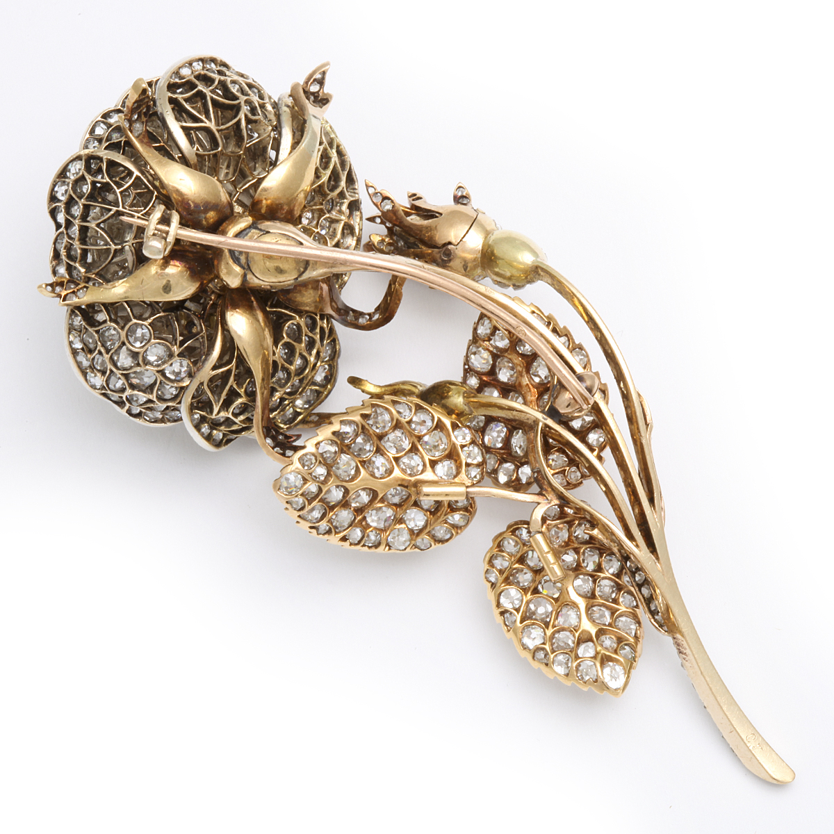 Victorian Diamond Rose Brooch. Diamond brooch in the form of a rose, set in gold and silver