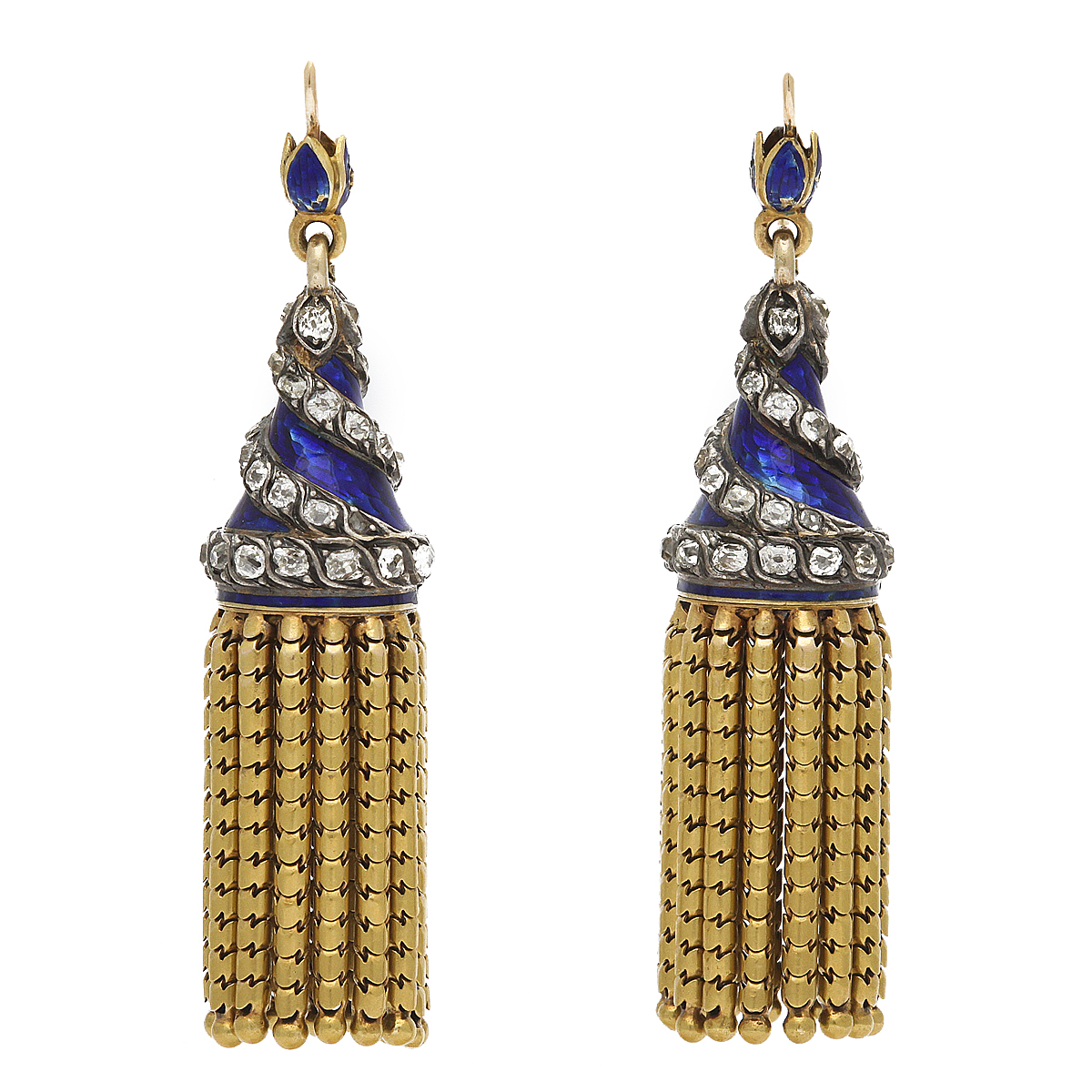 A La Vieille Russie Antique Enamel and Gold Tassel Earrings