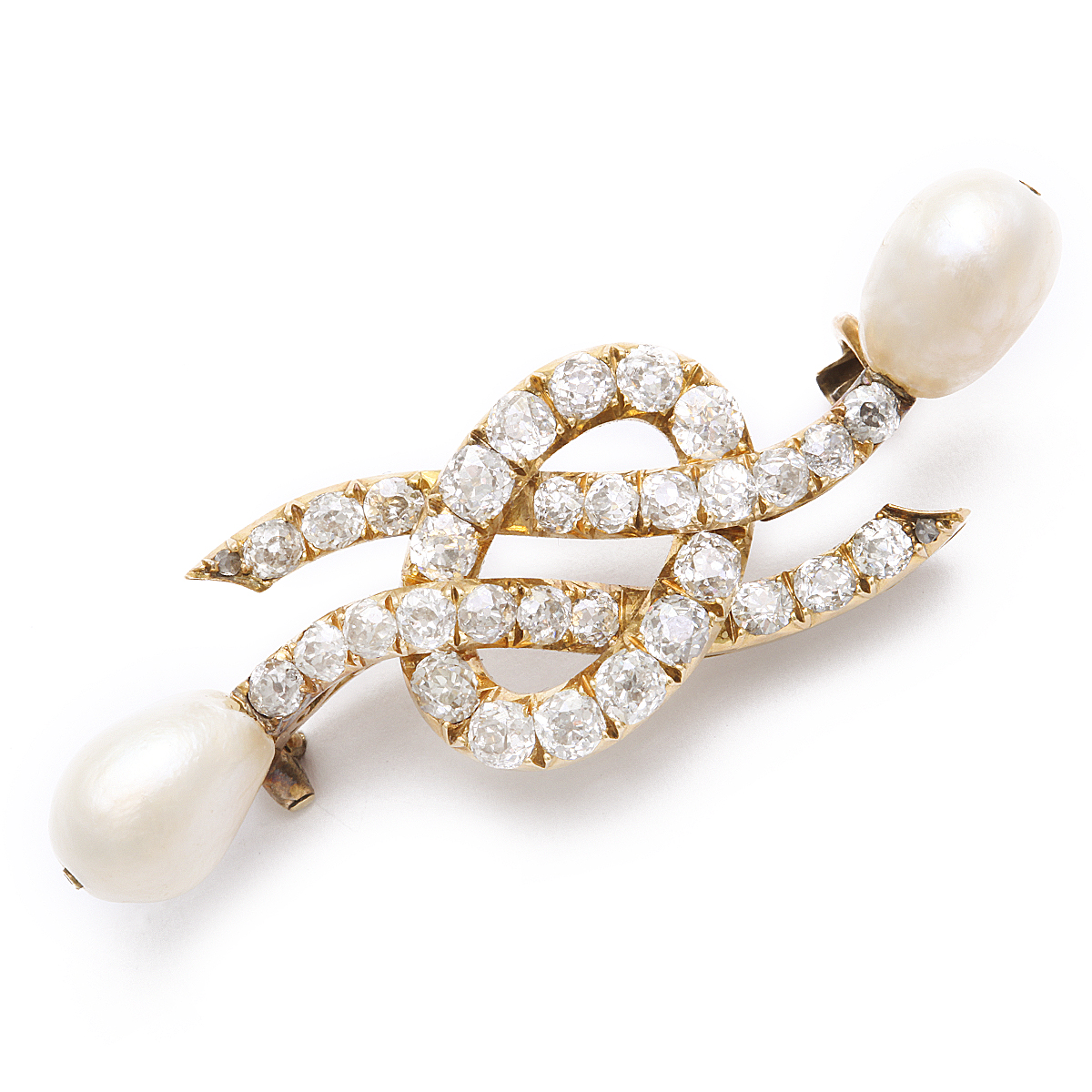 A La Vieille Russie Antique Natural Pearl and Diamond Love Knot Brooch
