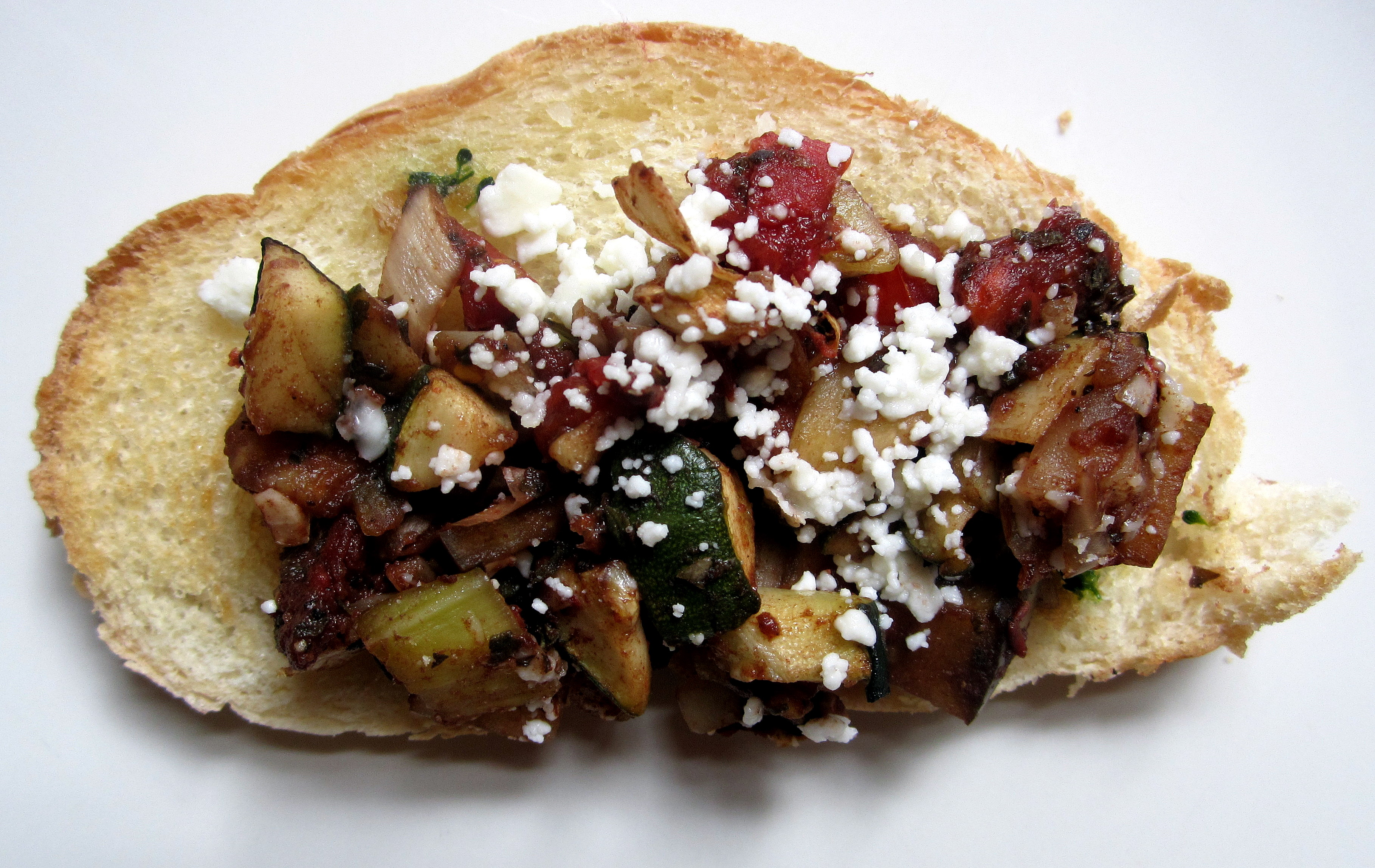 Roasted Eggplant & Zucchini Bruschetta with Basil and Feta Ambitious